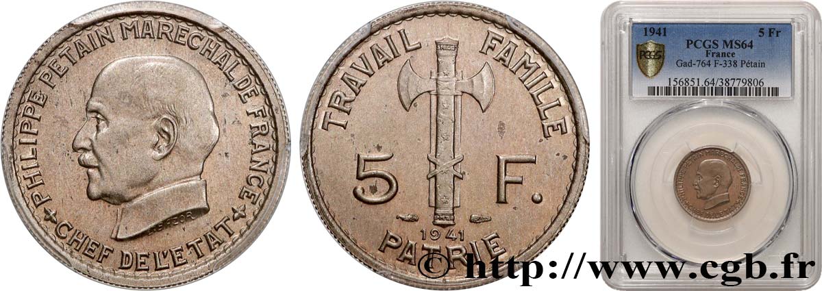 5 francs Pétain  1941  F.338/2 SC64 PCGS