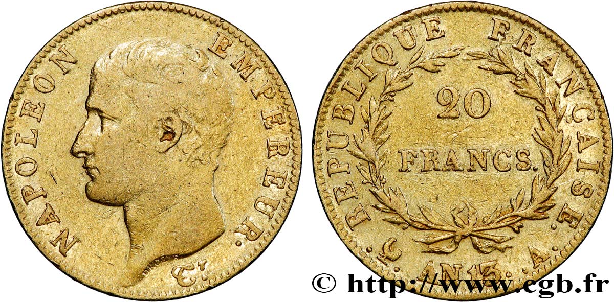 20 francs or Napoléon tête nue, Calendrier révolutionnaire 1805 Paris F.512/1 VF 