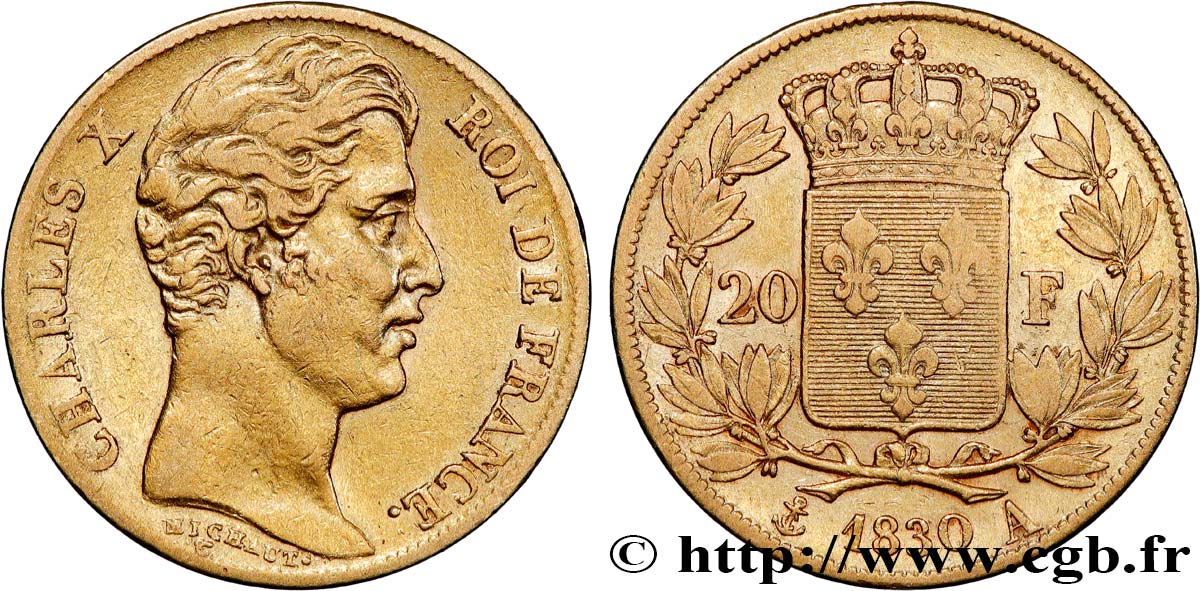 20 francs or Charles X, matrice du revers à cinq feuilles 1830 Paris F.521/6 VF 