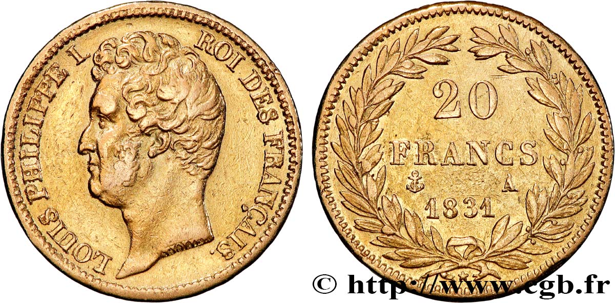 20 francs or Louis-Philippe, Tiolier, tranche inscrite en creux 1831 Paris F.524/2 XF 
