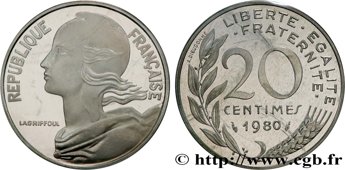 Piéfort Argent de 20 centimes Marianne 1980 Pessac GEM.56 P2 MS 