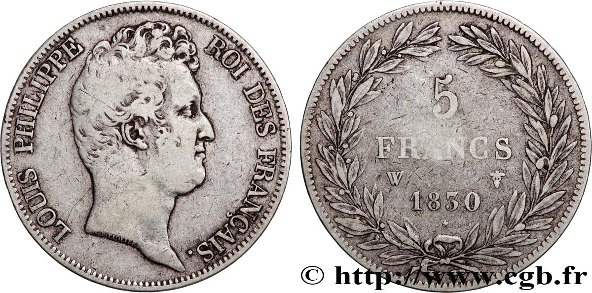 5 francs type Tiolier sans le I, tranche en creux 1830 Lille F.313/4 VF25 