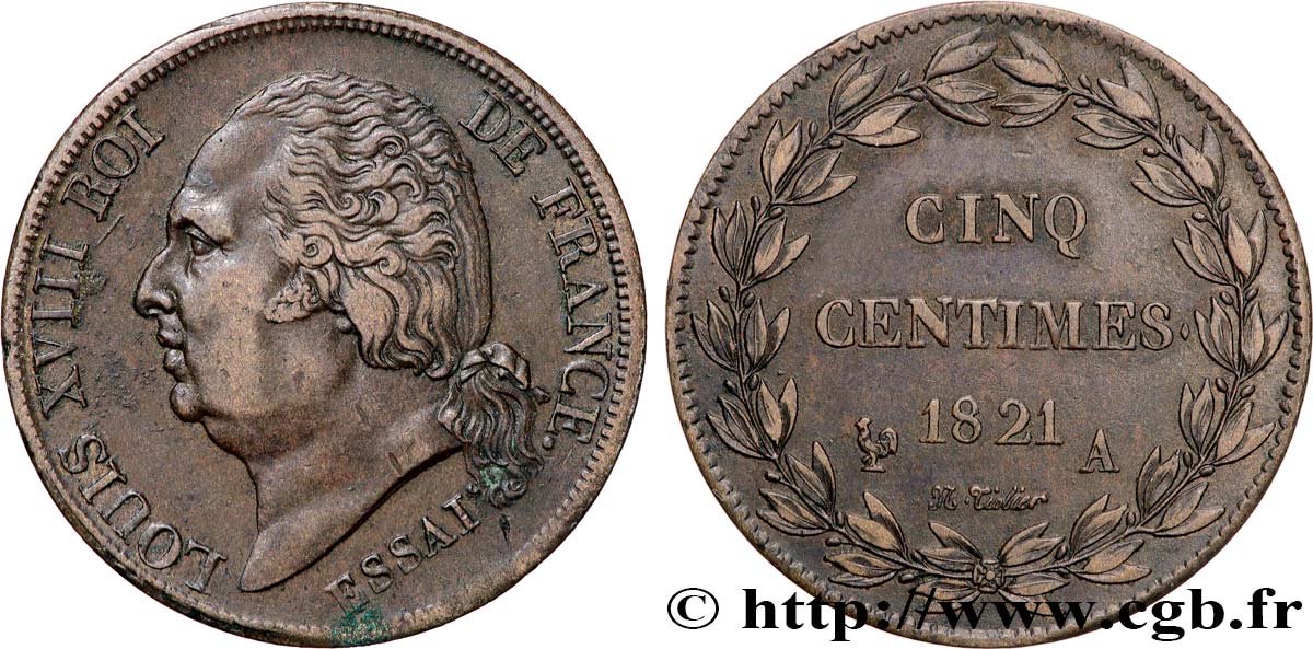 Essai de Cinq centimes en bronze, tranche guillochée 1821 Paris VG.2534  TTB53 