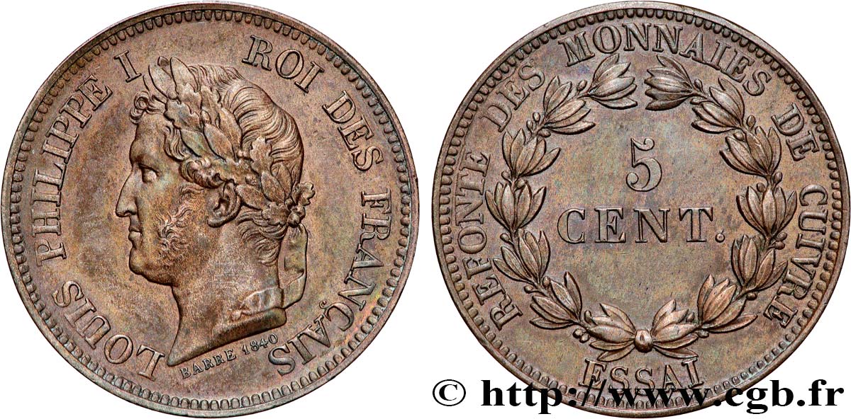Essai de 5 centimes en bronze, signature BARRE 1840 1840  VG.2917  MS60 