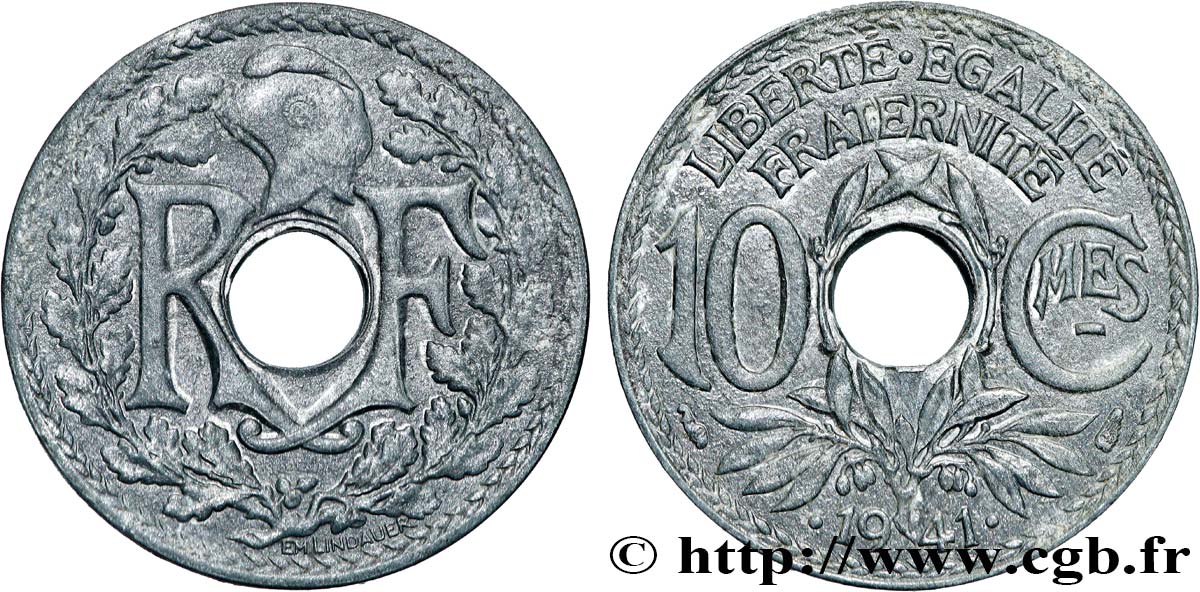 Piéfort de 10 centimes Lindauer en zinc, Cmes souligné et millésime avec points, sans le mot ESSAI 1941 Paris GEM.42 P1 AU 