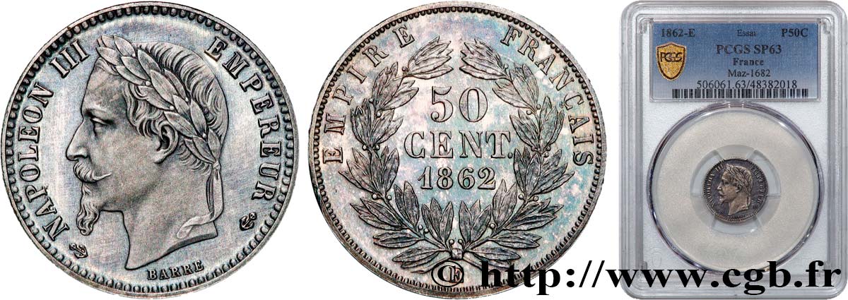 ESSAI de 50 centimes Napoléon III, tête laurée 1862  Maz.1682  SPL63 PCGS