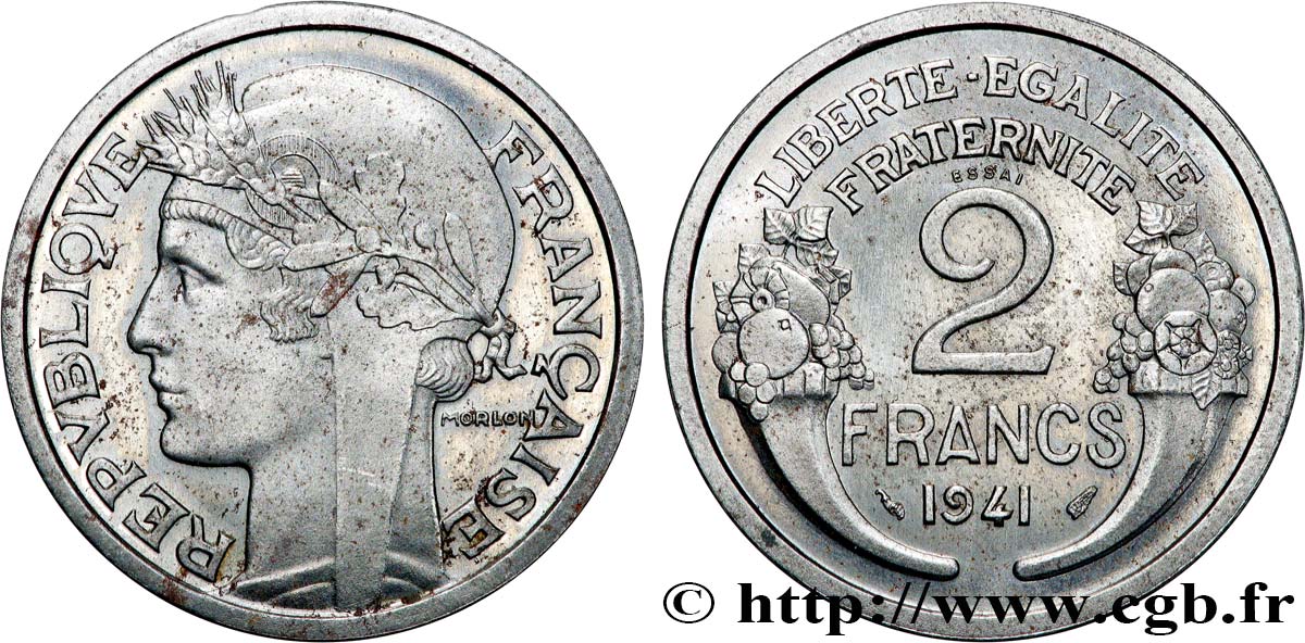 Essai en fer de 2 francs Morlon, flan épais 1941 Paris GEM.114 4 VZ62 