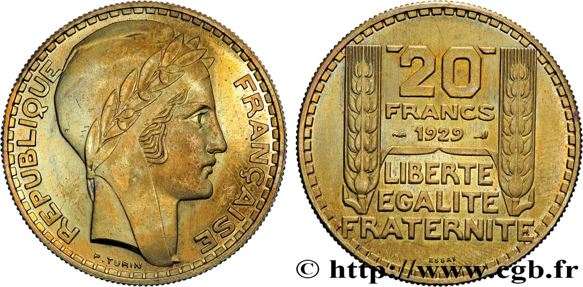 Essai de 20 francs Turin en bronze-aluminium 1929 Paris GEM.199 5 SUP+ 