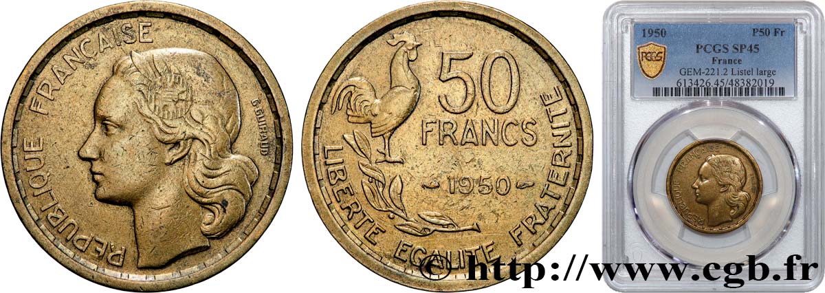 Pré-série 50 francs Guiraud, sans le mot “essai” avec listel large 1950  F.425/2 MBC45 PCGS