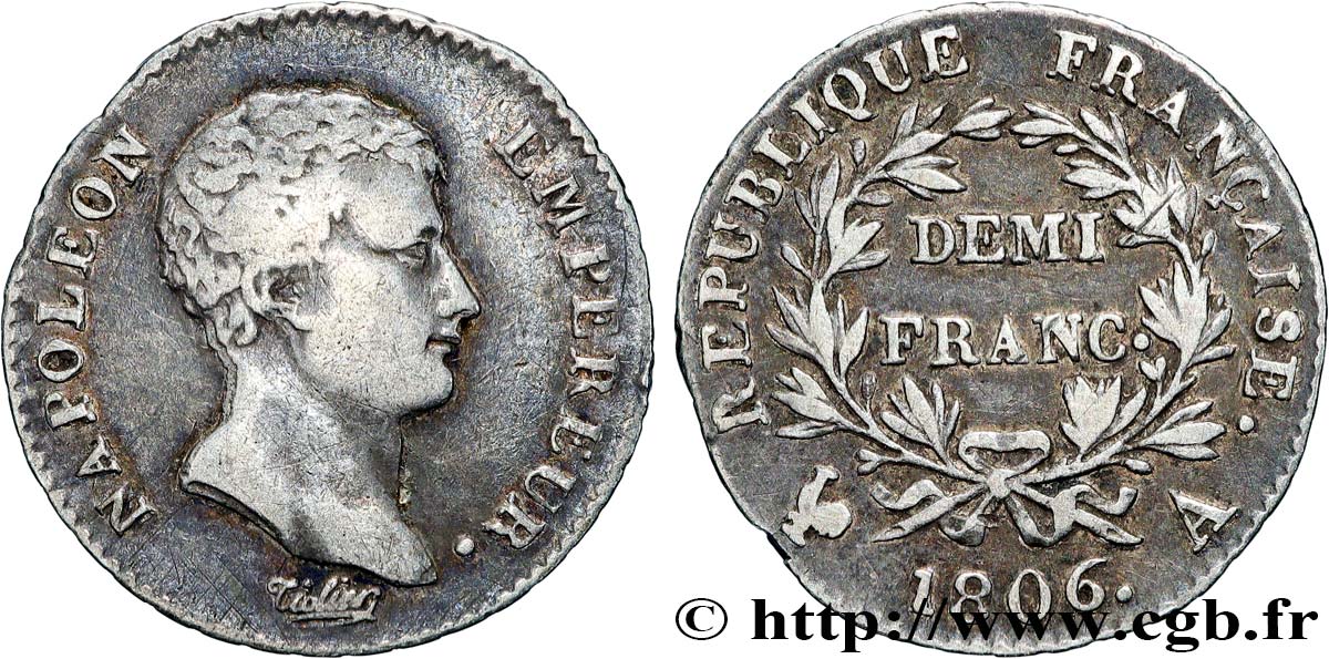 Demi-franc Napoléon Empereur, Calendrier grégorien 1806 Paris F.175/1 VF 