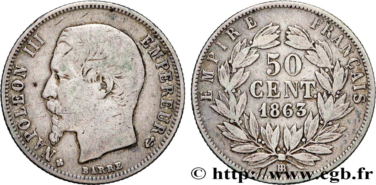 50 centimes Napoléon III, tête nue 1863 Strasbourg F.187/17 VF20 