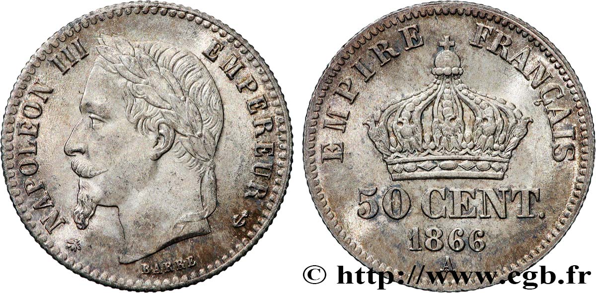 50 centimes Napoléon III, tête laurée 1866 Paris F.188/9 MS62 