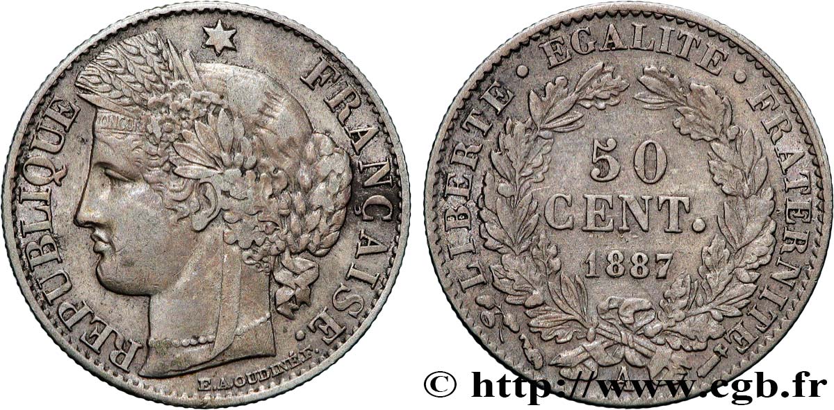 50 centimes Cérès, Troisième République 1887 Paris F.189/12 TTB 