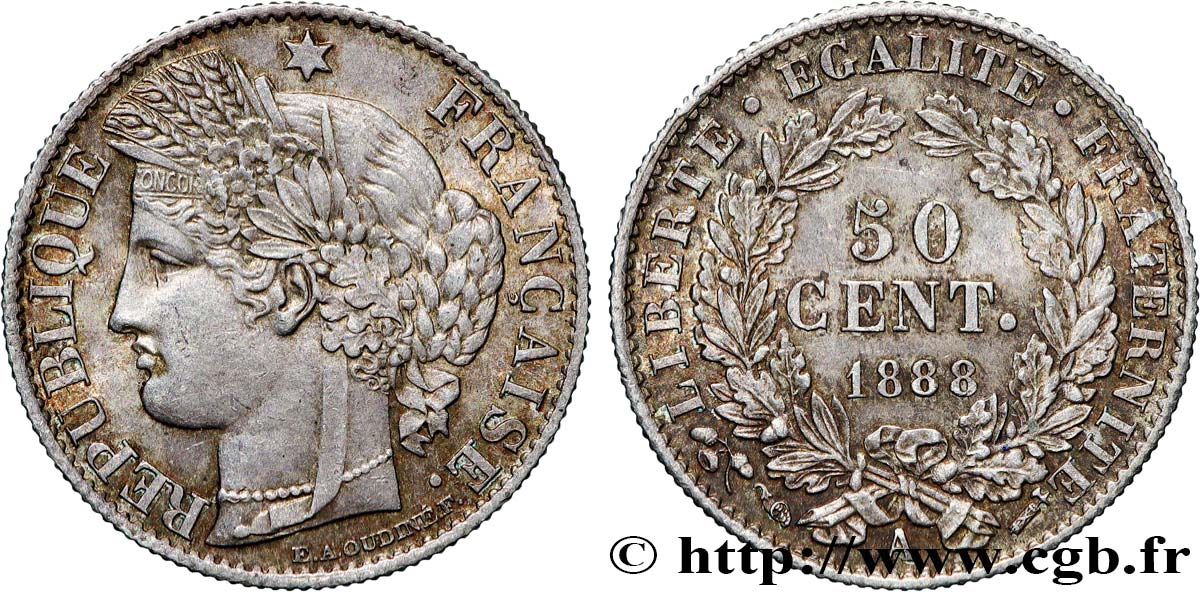 50 centimes Cérès, Troisième République 1888 Paris F.189/13 SUP58 