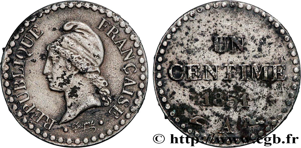 Un centime Dupré, IIe République, nickelé 1851 Paris F.101/7 var. VF 