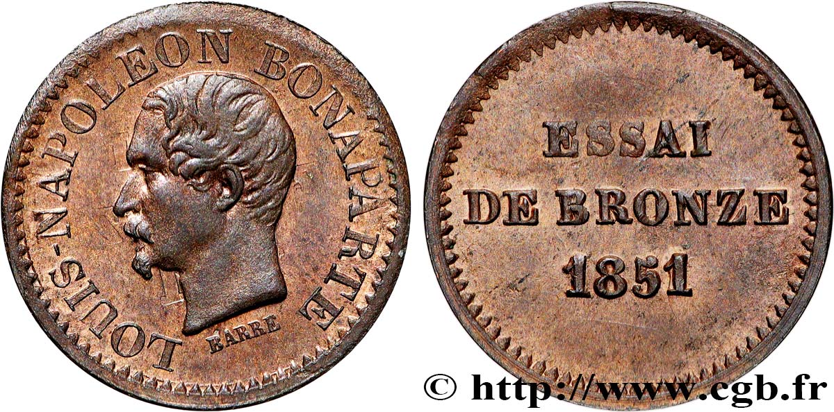 Essai de bronze au module de un centime, Louis-Napoléon Bonaparte 1851 Paris VG.3297  MS62 