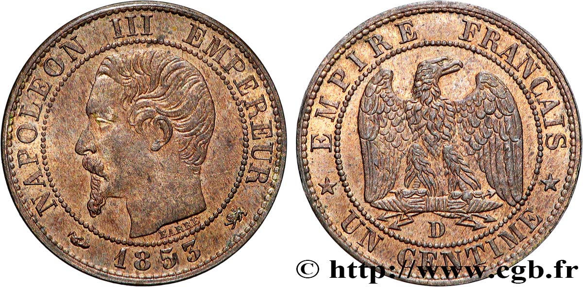 Un centime Napoléon III, tête nue 1853 Lyon F.102/4 MS63 