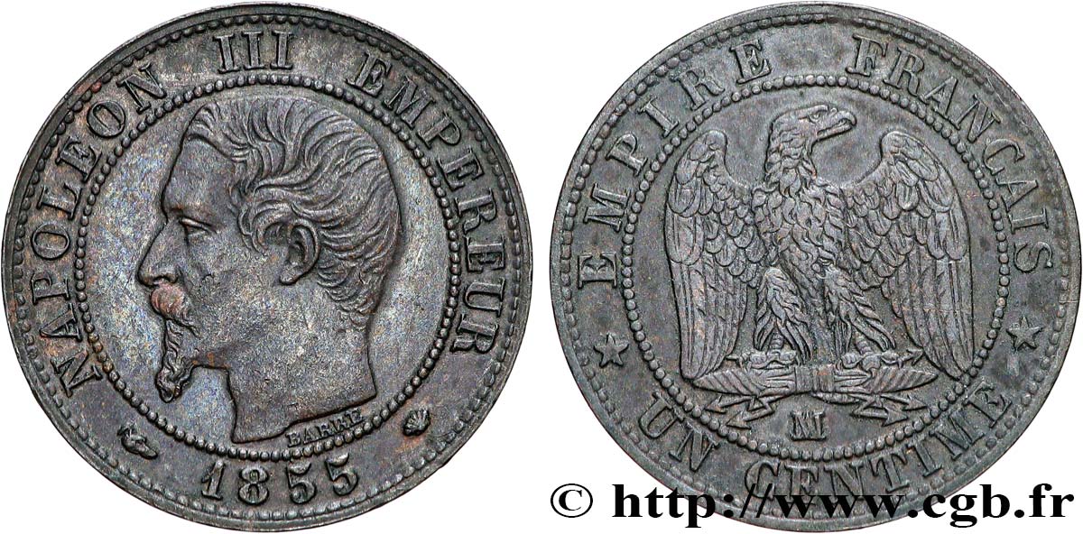Un centime Napoléon III, tête nue 1855 Marseille F.102/23 TTB50 