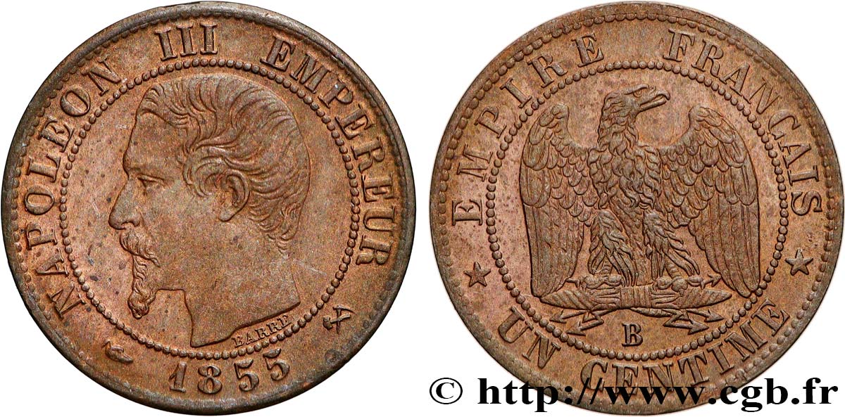 Un centime Napoléon III, tête nue 1855 Rouen F.102/17 SUP60 