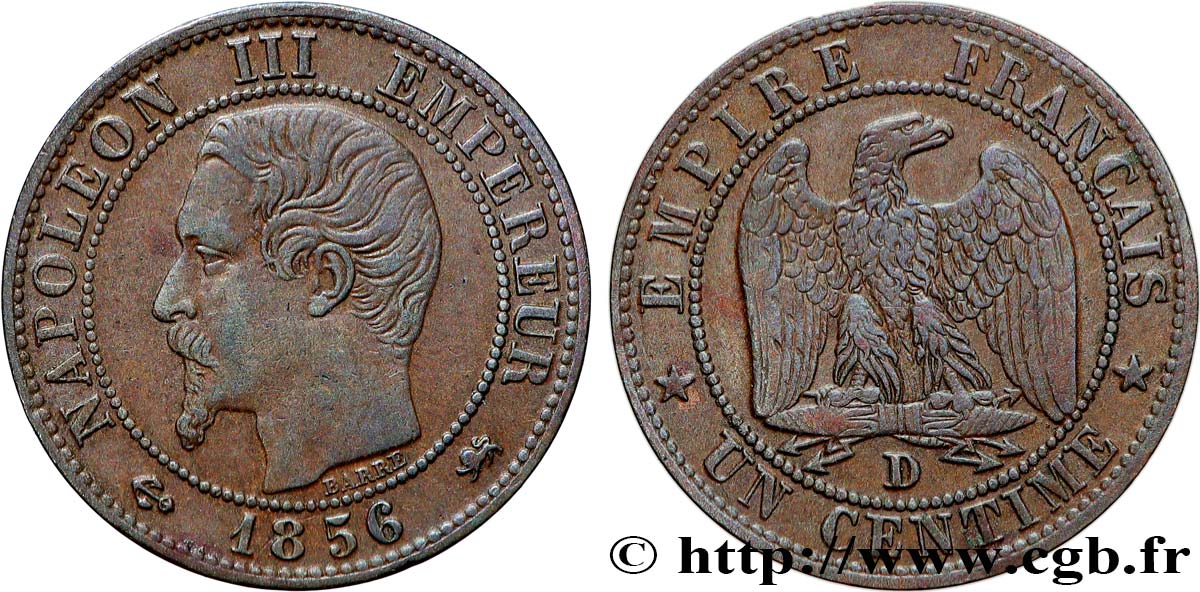 Un centime Napoléon III, tête nue 1856 Lyon F.102/29 XF45 