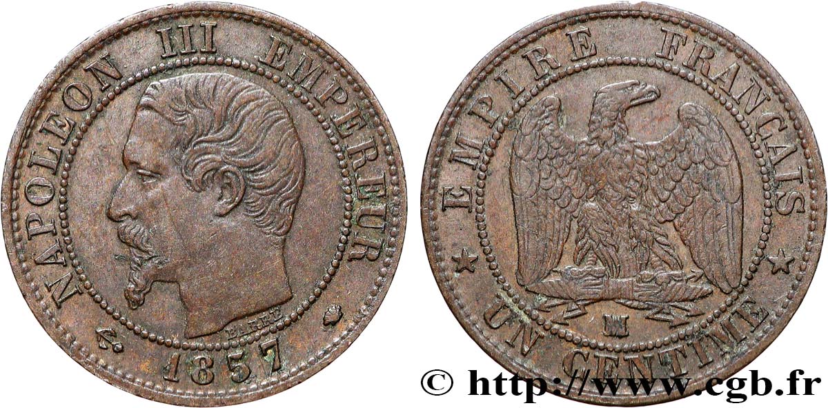 Un centime Napoléon III, tête nue 1857 Marseille F.102/37 TTB 