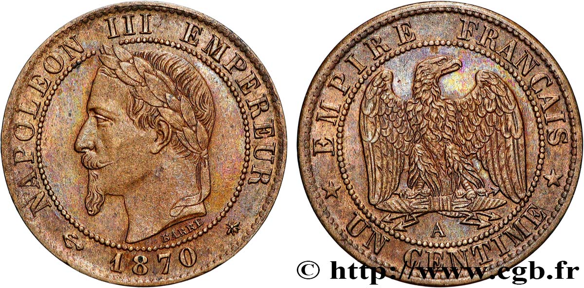 Un centime Napoléon III, tête laurée 1870 Paris F.103/8 AU 