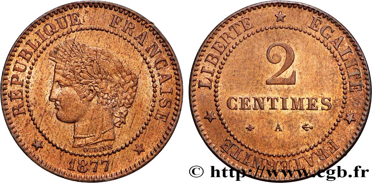 2 centimes Cérès 1877 Paris F.109/2 MS63 