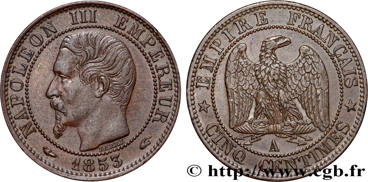 Cinq centimes Napoléon III, tête nue 1853 Paris F.116/1 SUP58 