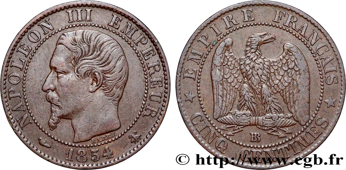 Cinq centimes Napoléon III, tête nue, grande abeille 1854 Strasbourg F.116/11 XF45 