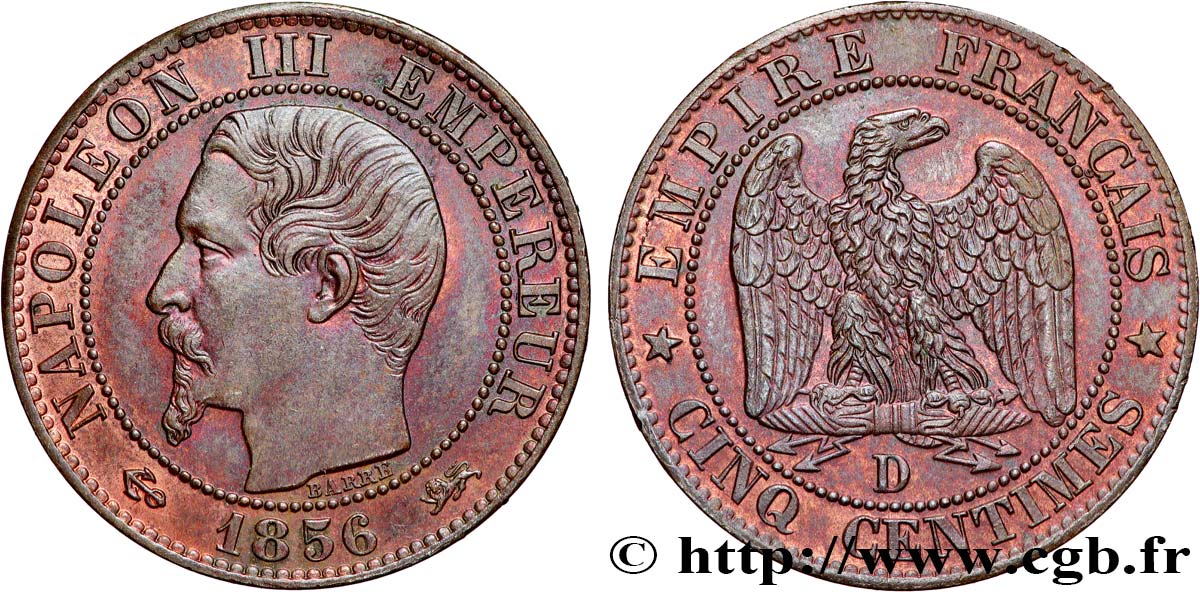 Cinq centimes Napoléon III, tête nue 1856 Lyon F.116/33 SUP62 