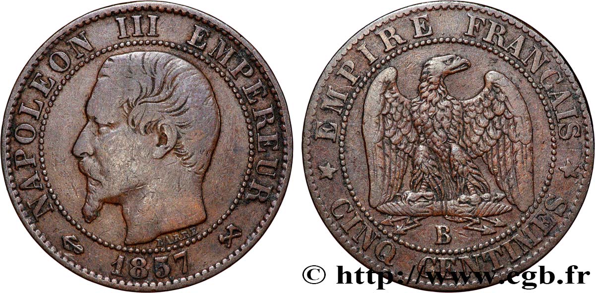 Cinq centimes Napoléon III, tête nue 1857 Rouen F.116/38 VF25 