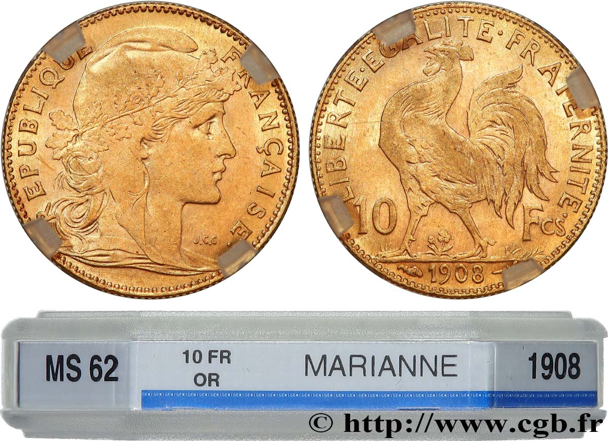 10 francs or Coq 1908 Paris F.509/9 MS62 GENI