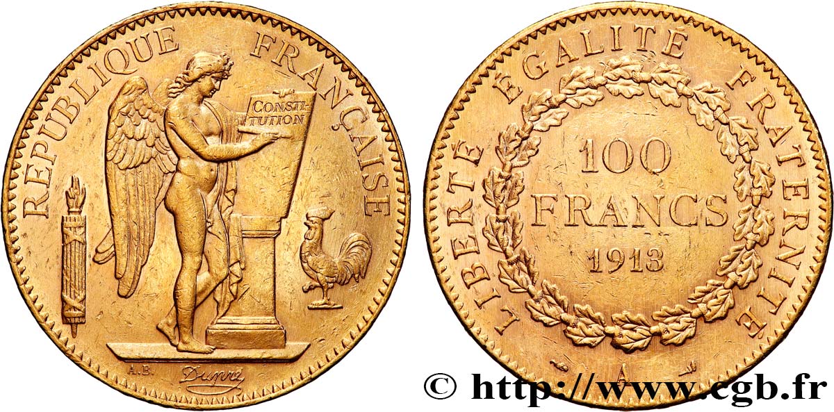 100 francs or Génie, tranche inscrite en relief Liberté Égalité Fraternité 1913 Paris F.553/7 AU 