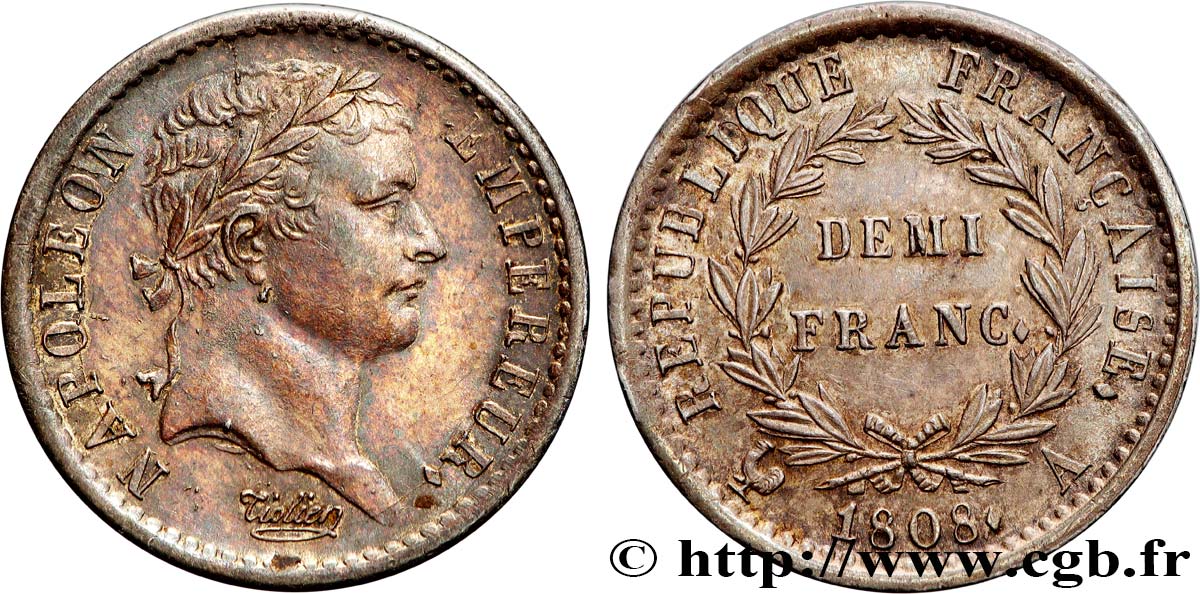 Demi-franc Napoléon Ier tête laurée, République française 1808 Paris F.177/2 VZ58 
