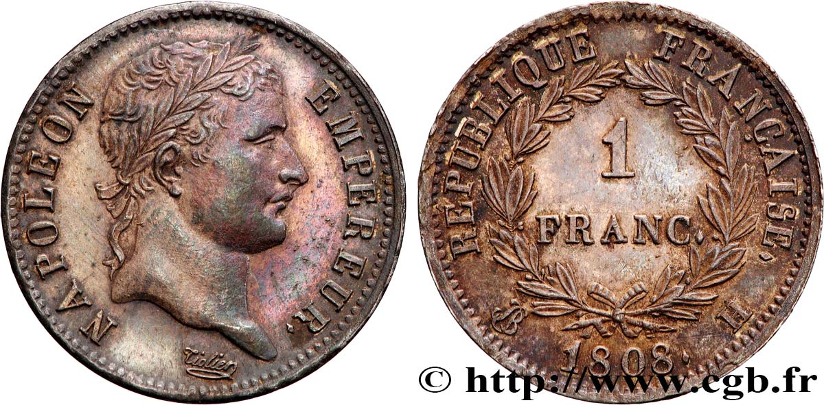1 franc Napoléon Ier tête laurée, République française 1808 La Rochelle F.204/6 EBC 
