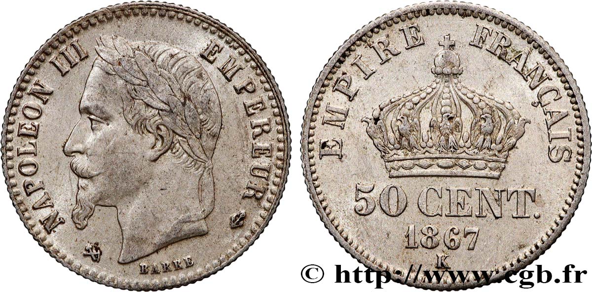 50 centimes Napoléon III, tête laurée 1867 Bordeaux F.188/19 TTB+ 