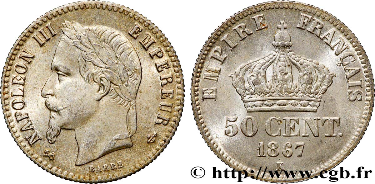 50 centimes Napoléon III, tête laurée 1867 Bordeaux F.188/18 SPL63 