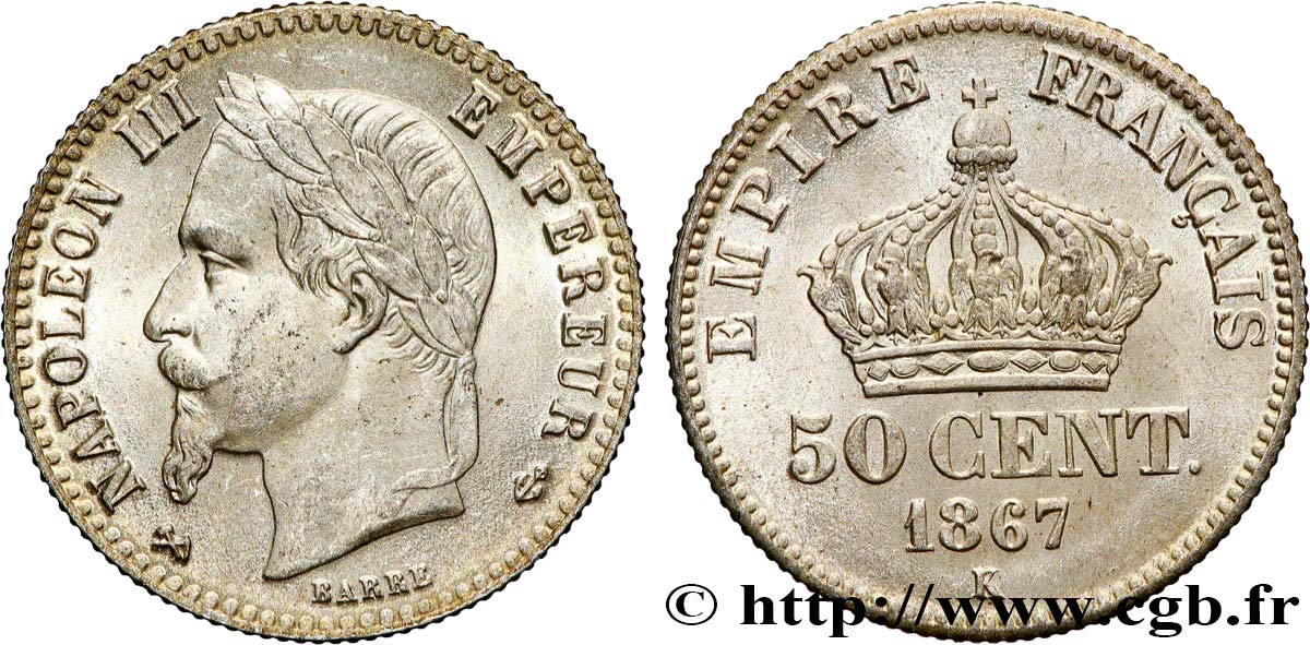 50 centimes Napoléon III, tête laurée 1867 Bordeaux F.188/18 SPL64 