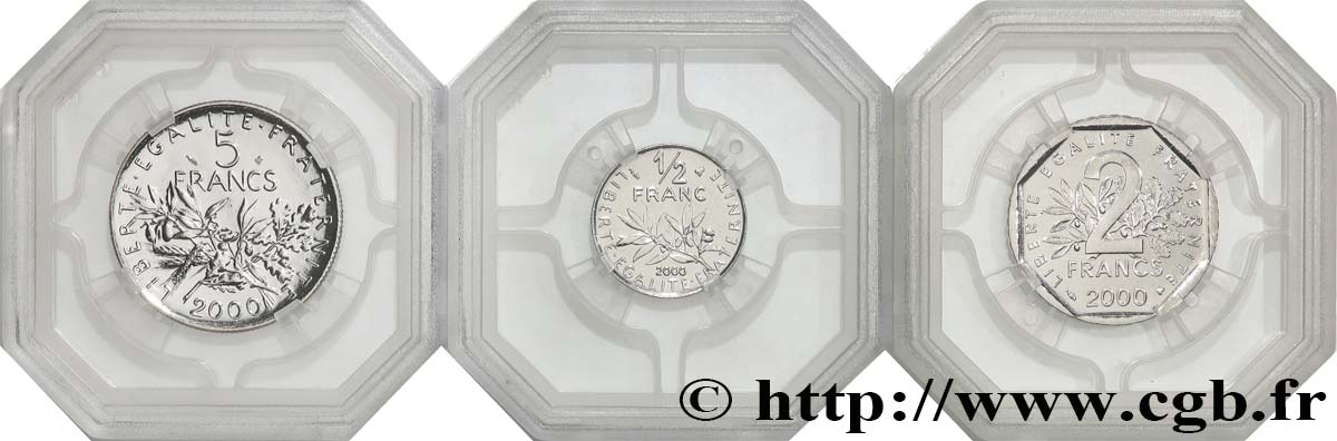 Lot de trois monnaies 1/2 Franc, 2 Francs et 5 Francs Semeuse 2000  F.198/43 MS/FDC GENI
