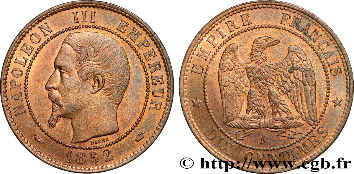 Dix centimes Napoléon III, tête nue 1852 Paris F.133/1 SPL 