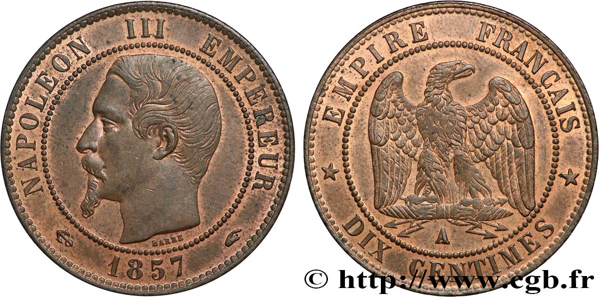 Dix centimes Napoléon III, tête nue 1857 Paris F.133/41 EBC+ 