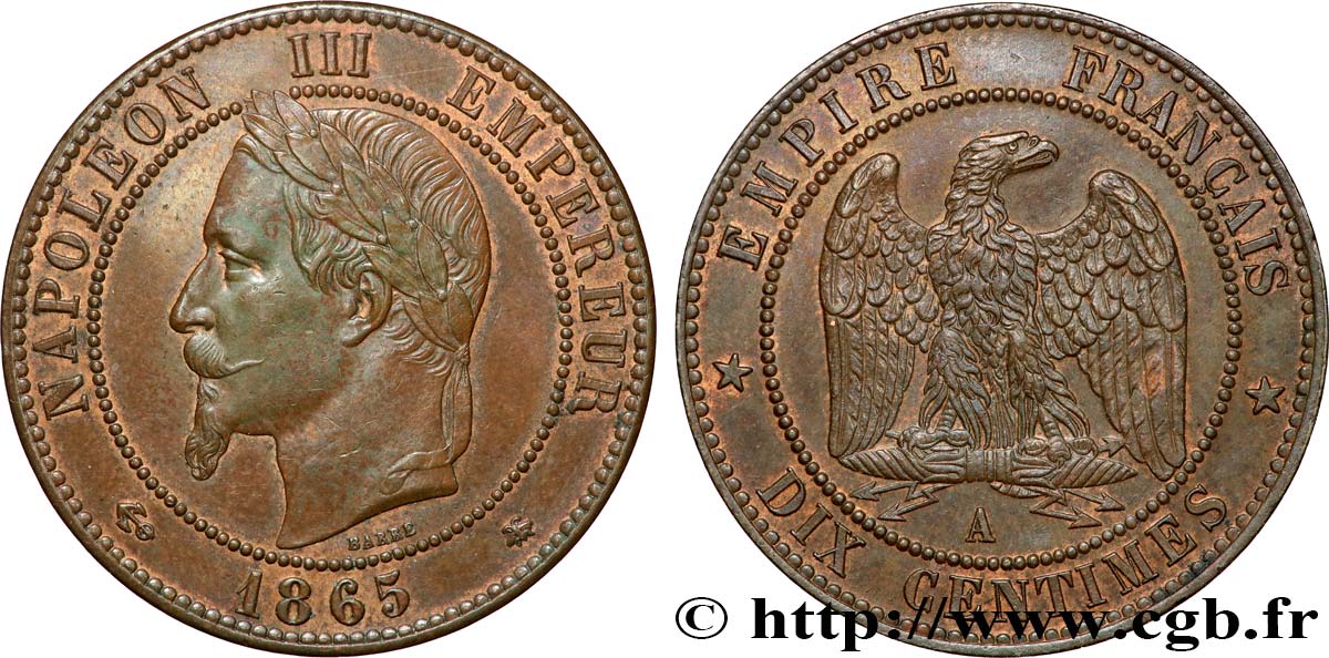 Dix centimes Napoléon III, tête laurée 1865 Paris F.134/16 SUP 