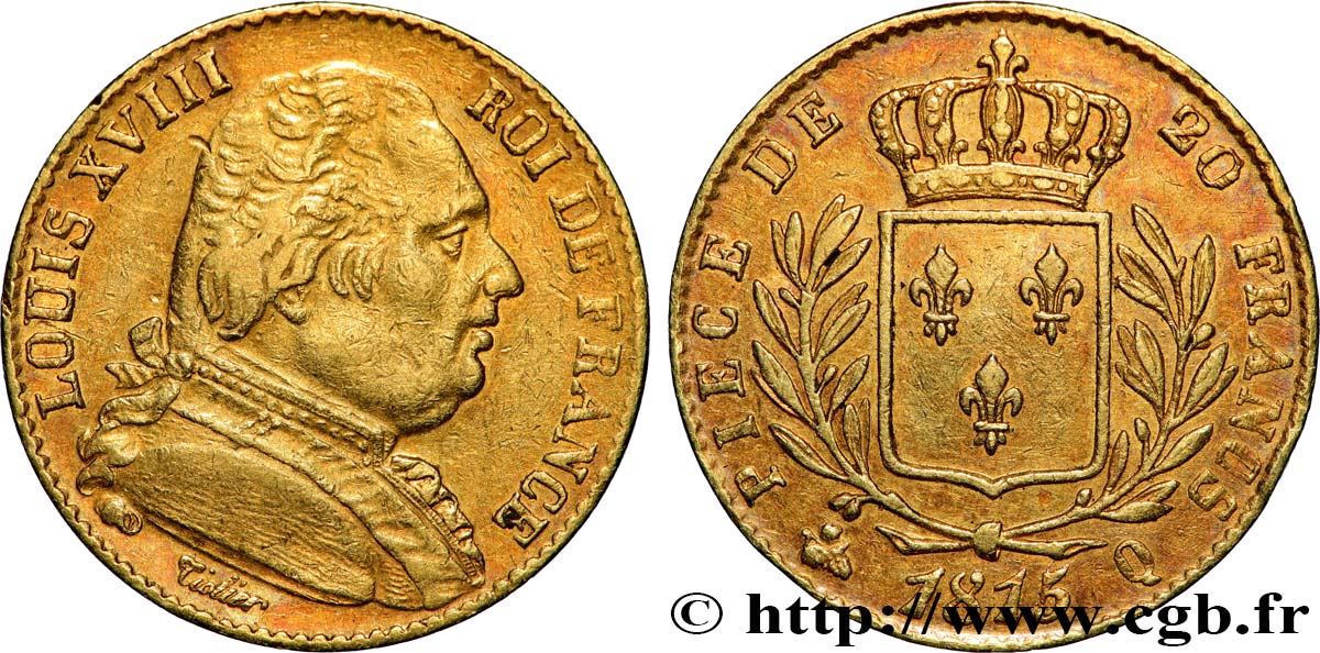 20 francs or Louis XVIII, buste habillé 1815 Perpignan F.517/17 TTB 