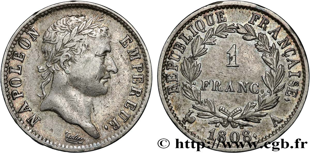 1 franc Napoléon Ier tête laurée, République française 1808 Paris F.204/2 SS 