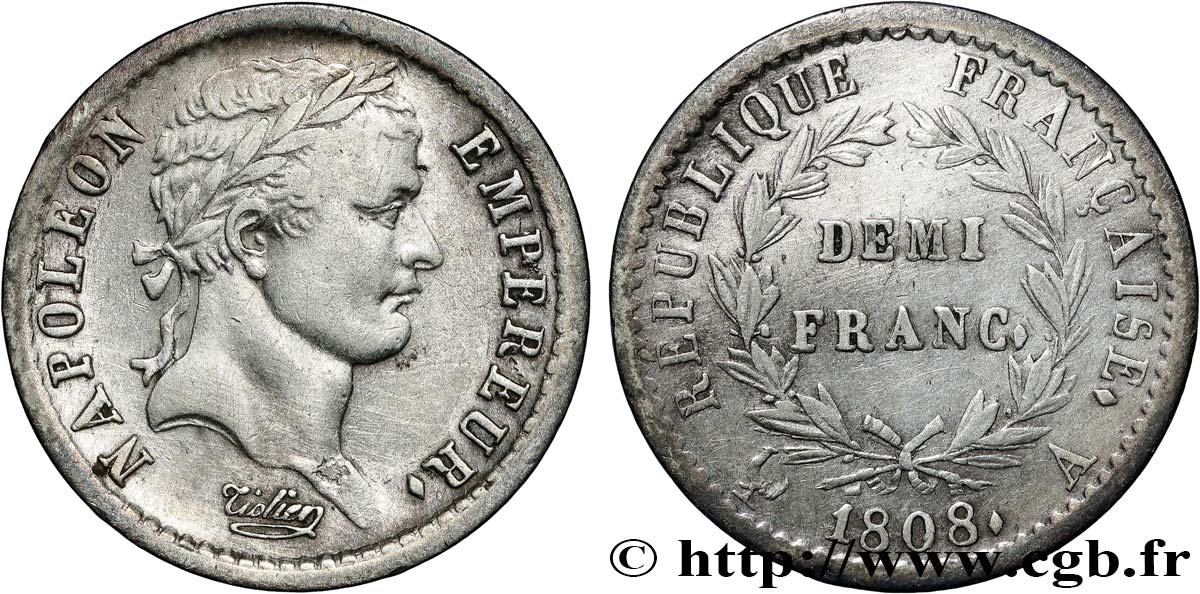 Demi-franc Napoléon Ier tête laurée, République française 1808 Paris F.177/2 TTB 