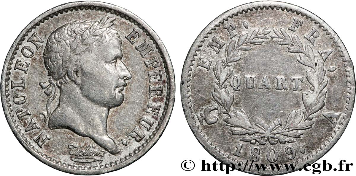 Quart (de franc) Napoléon Ier tête laurée, Empire français 1809 Paris F.162/1 XF 