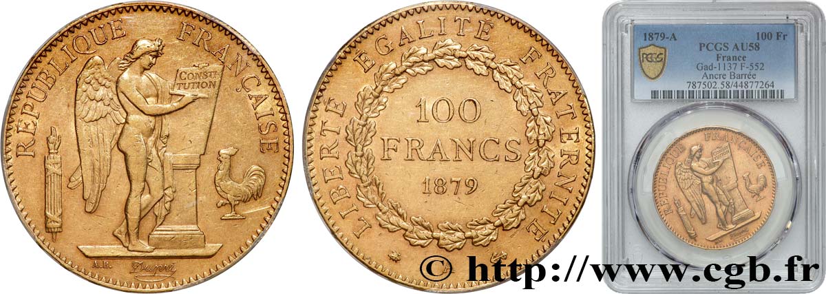 100 francs or Génie, tranche inscrite en relief Dieu protège la France 1879 Paris F.552/3 AU58 PCGS