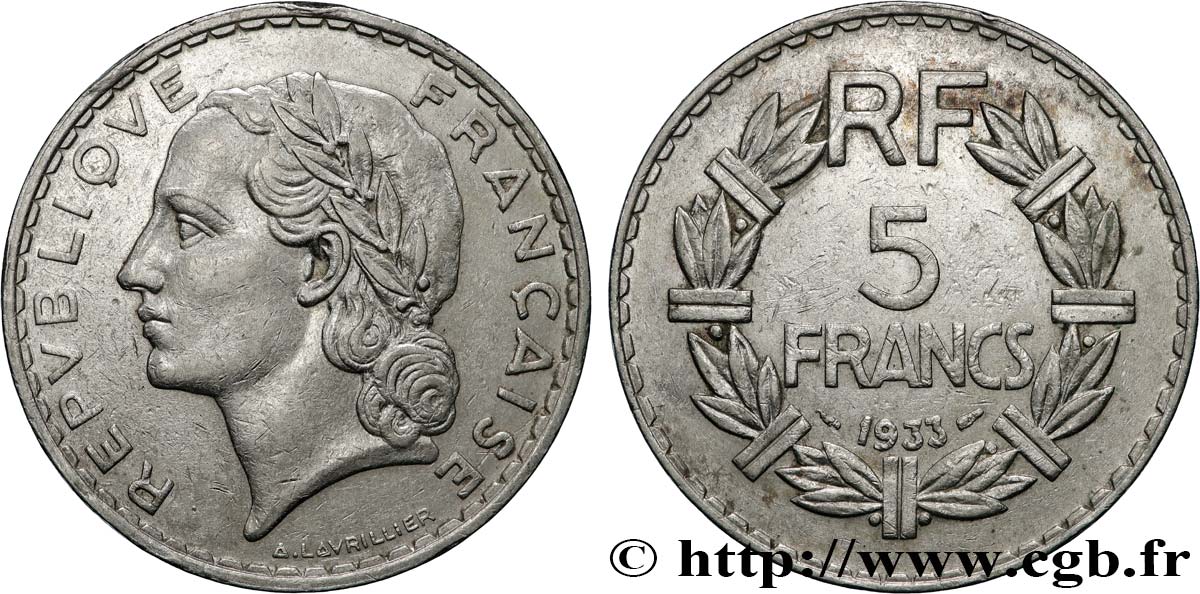 5 francs Lavrillier, nickel 1933  F.336/2 XF 