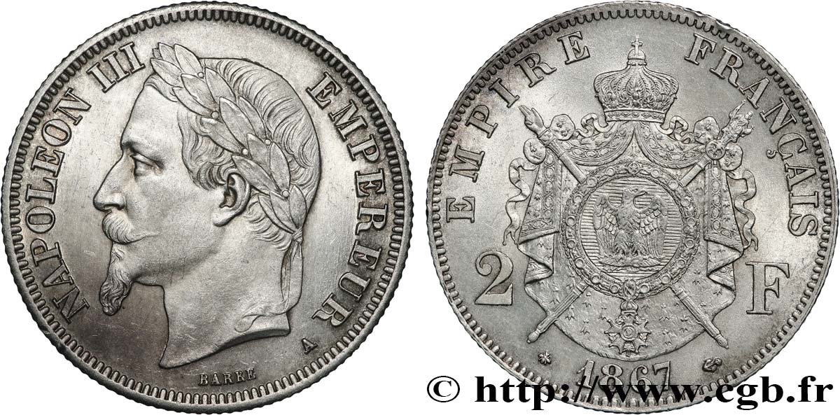 2 francs Napoléon III, tête laurée 1867 Paris F.263/5 SUP62 