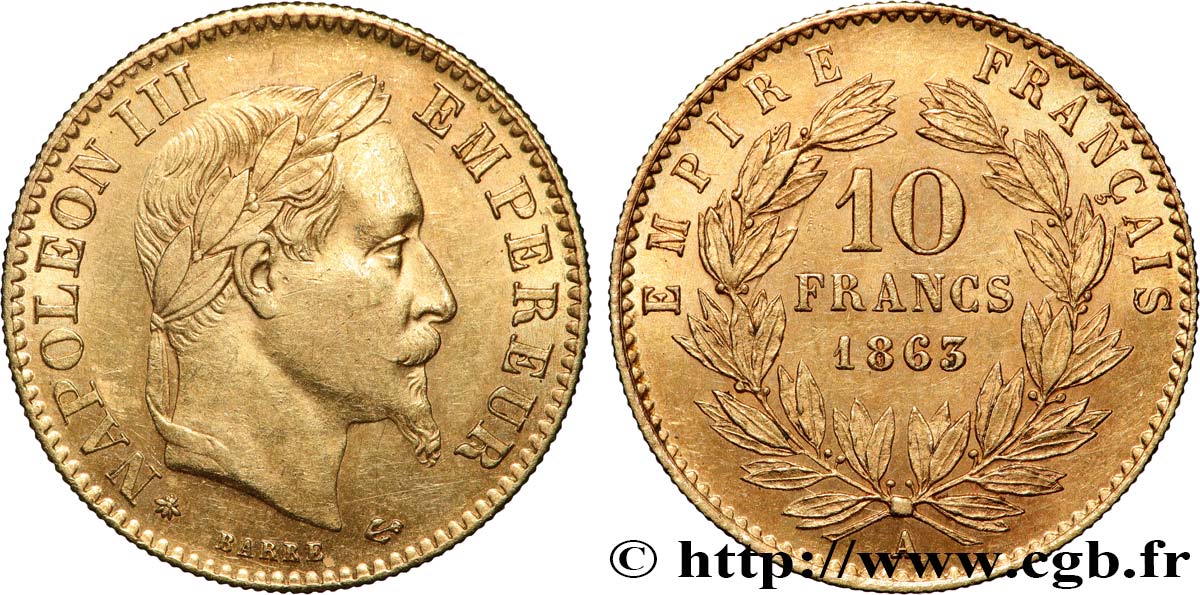 10 francs or Napoléon III, tête laurée 1863 Paris F.507A/3 AU58 